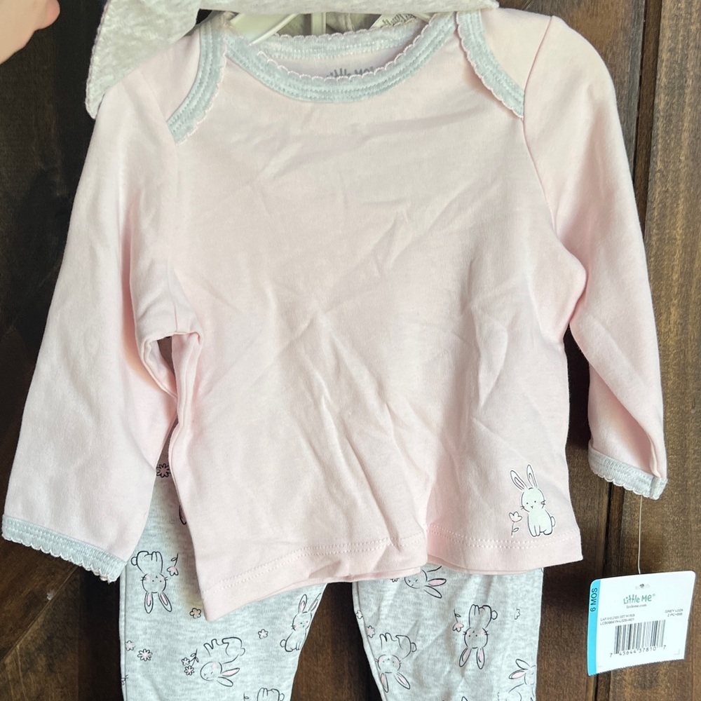 Little Me Pink and Gray Bunny Bib Set - Picture 6 of 8